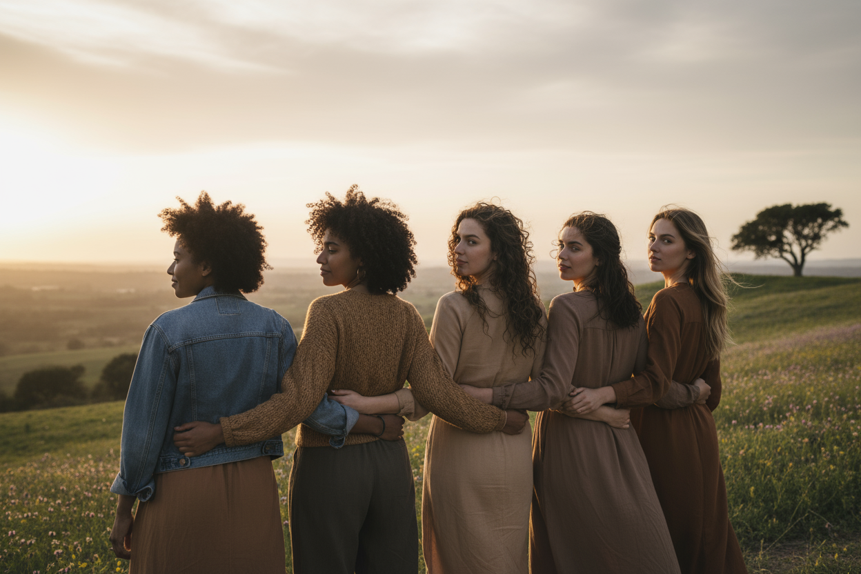 women standing together proud strong backwards natural looking